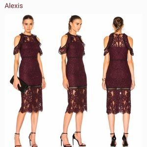 Alexis Lace Cold Shoulder Midi Sheath Dress Burgundy Purple Size M